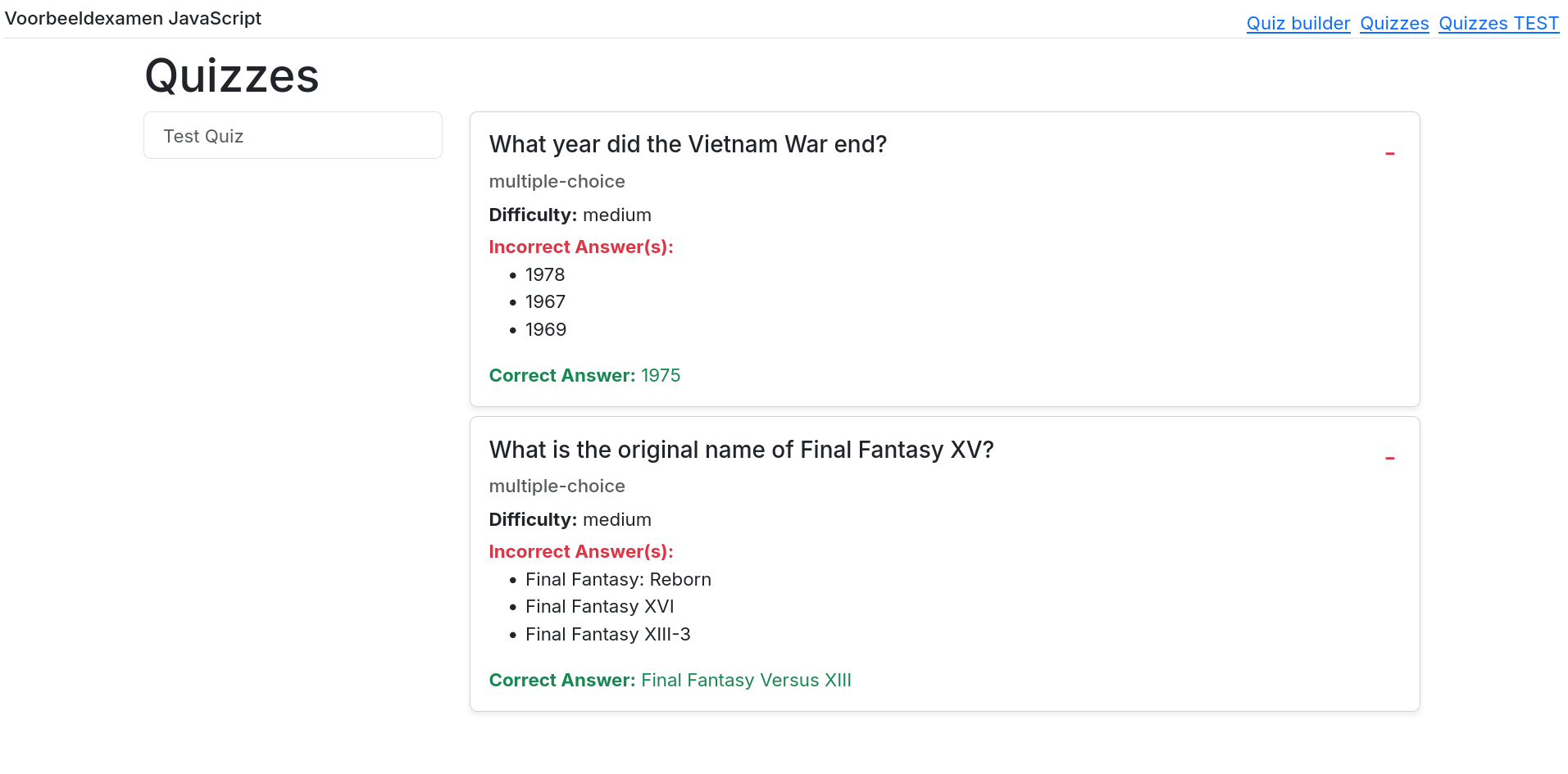 Overzicht van de quizzes