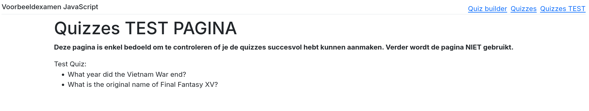 Aangemaakte quiz op de test pagina