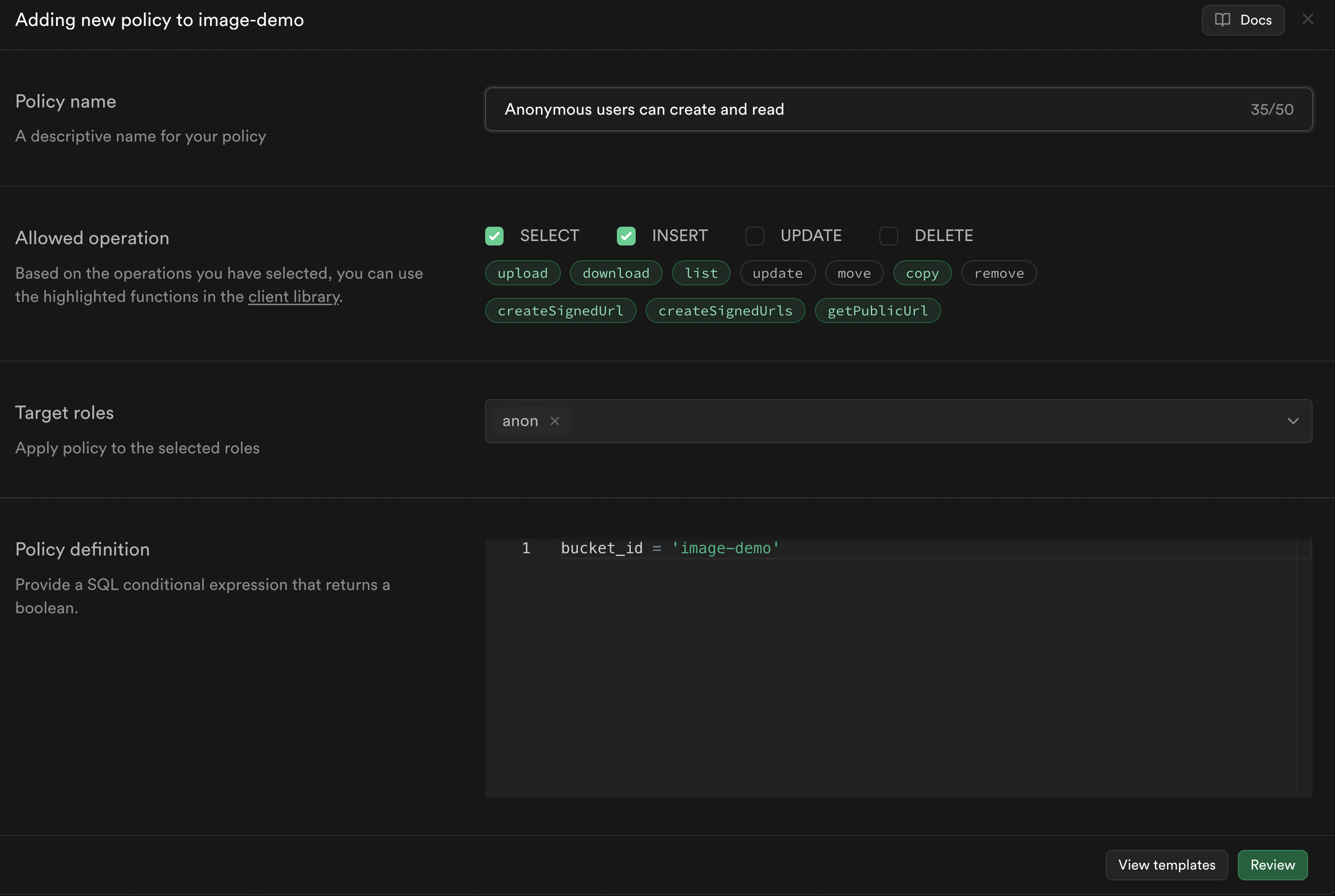 Supabase storage bucket policy aanpassen
