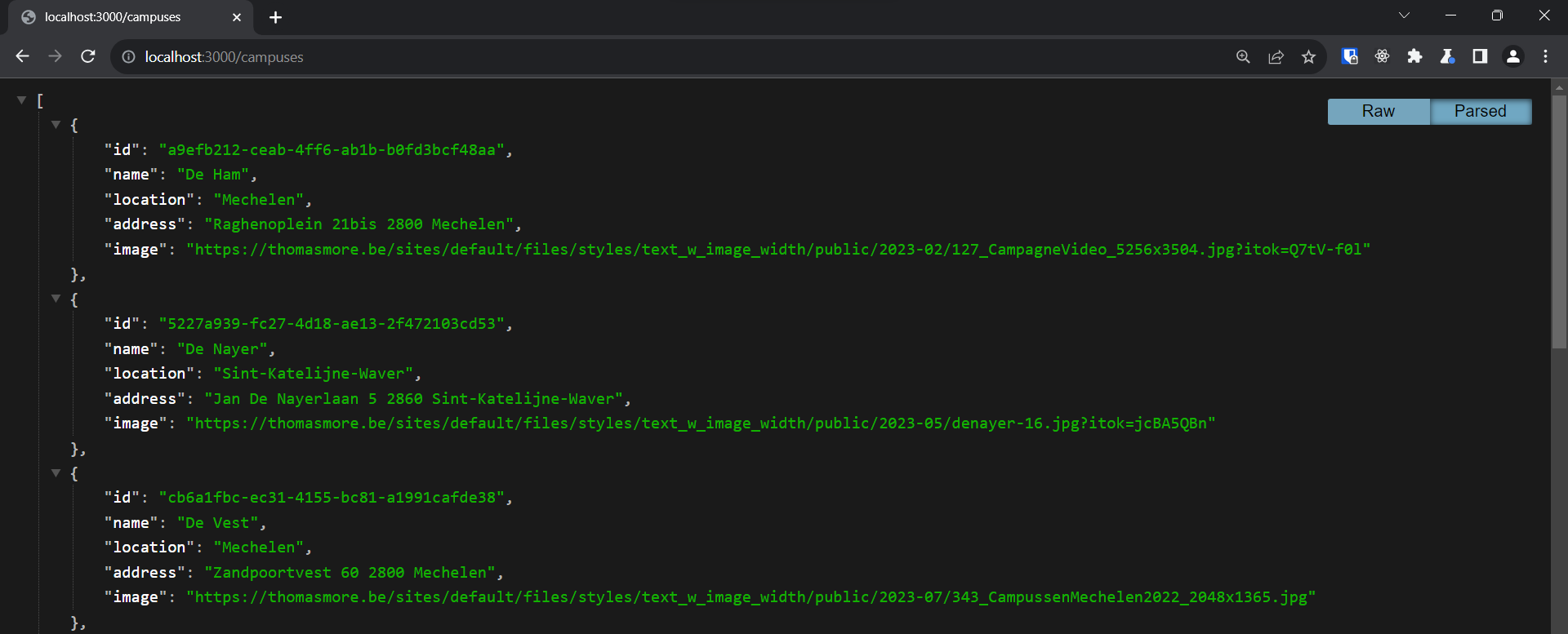 Resultaat van de /campuses route