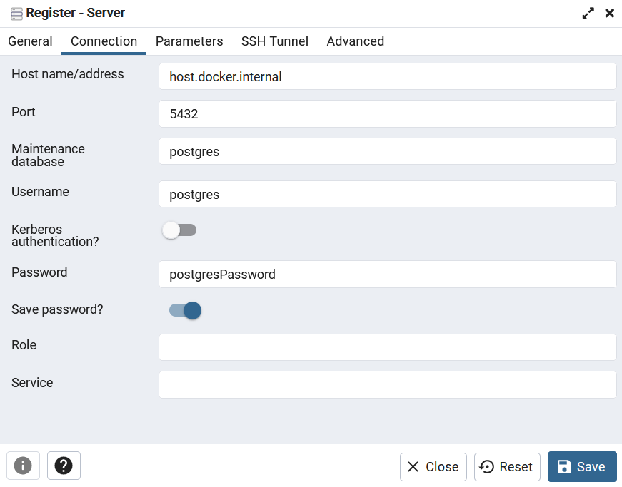 PgAdmin connection settings