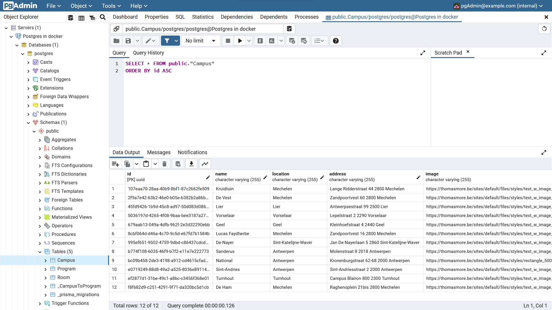 PgAdmin connection settings
