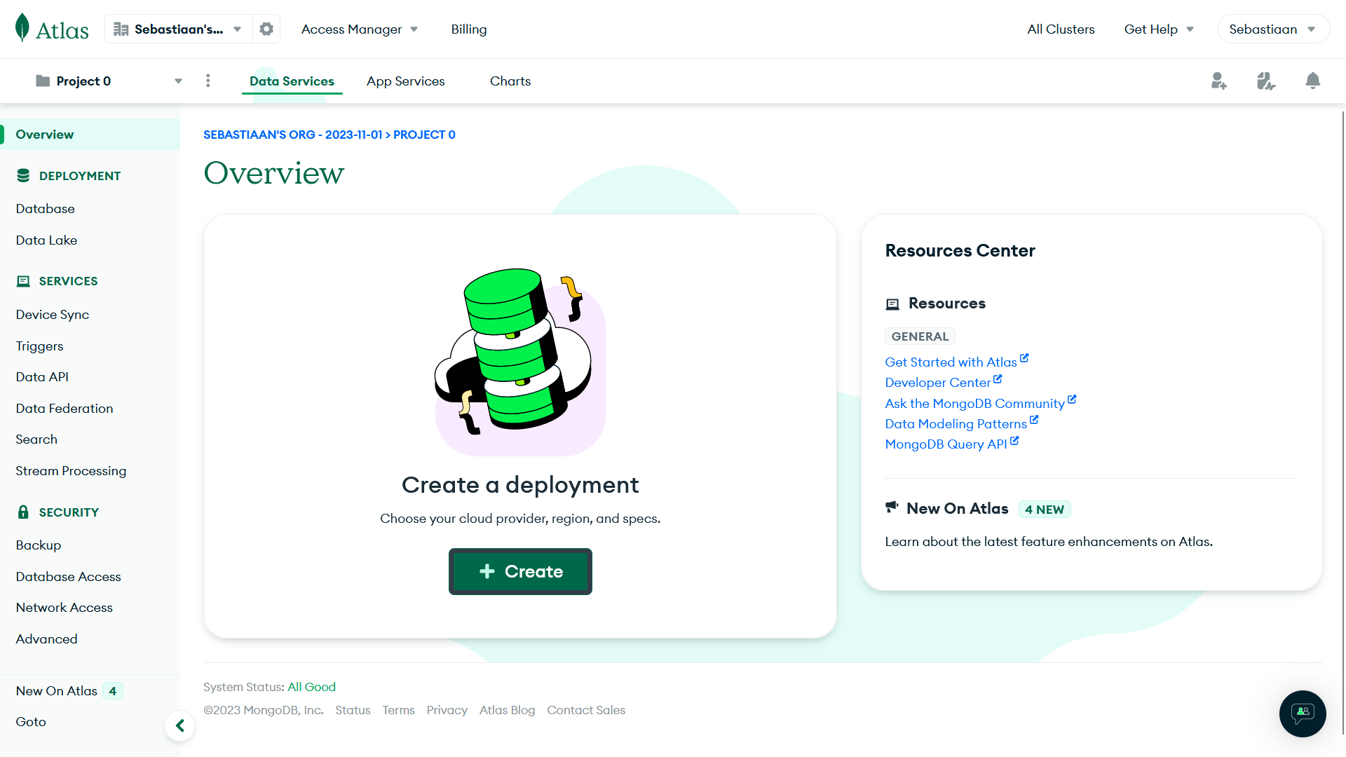 MongoDB Atlas Dashboard (Geen cluster)