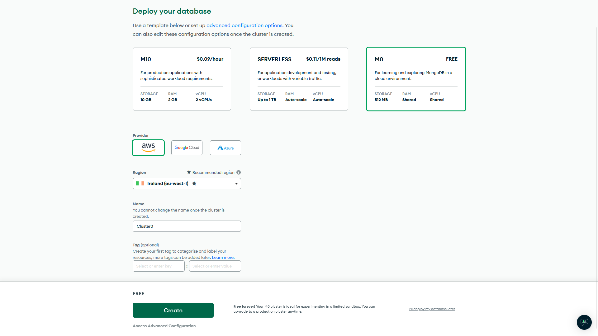 MongoDB Atlas - Cluster aanmaken