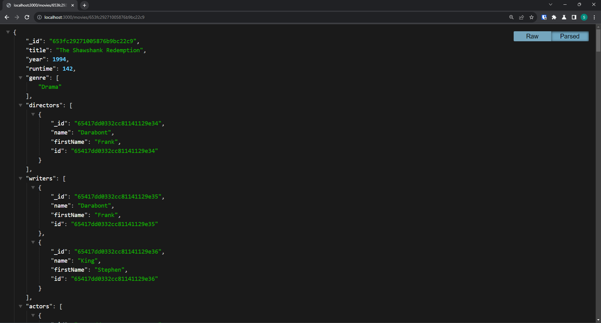 Resultaat van de GET /movies/:movieId route
