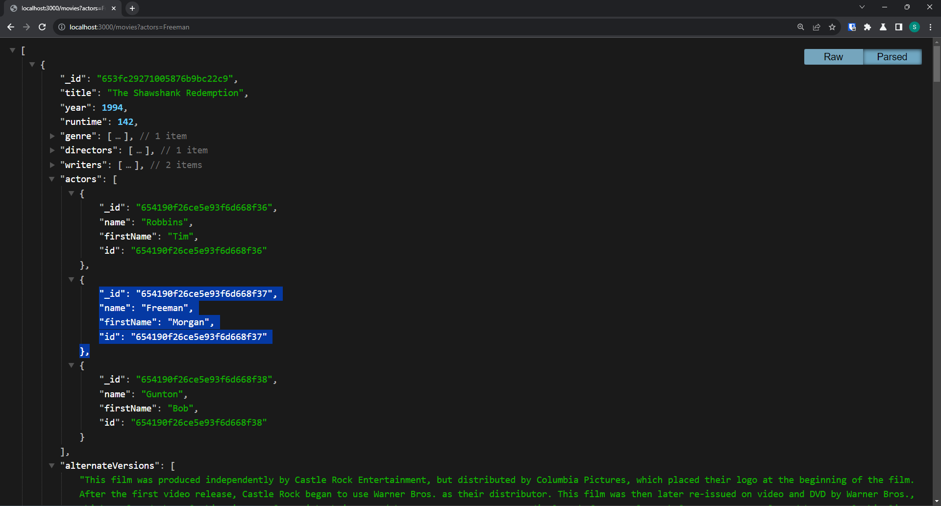 Resultaat van de GET /movies route met een actors filter