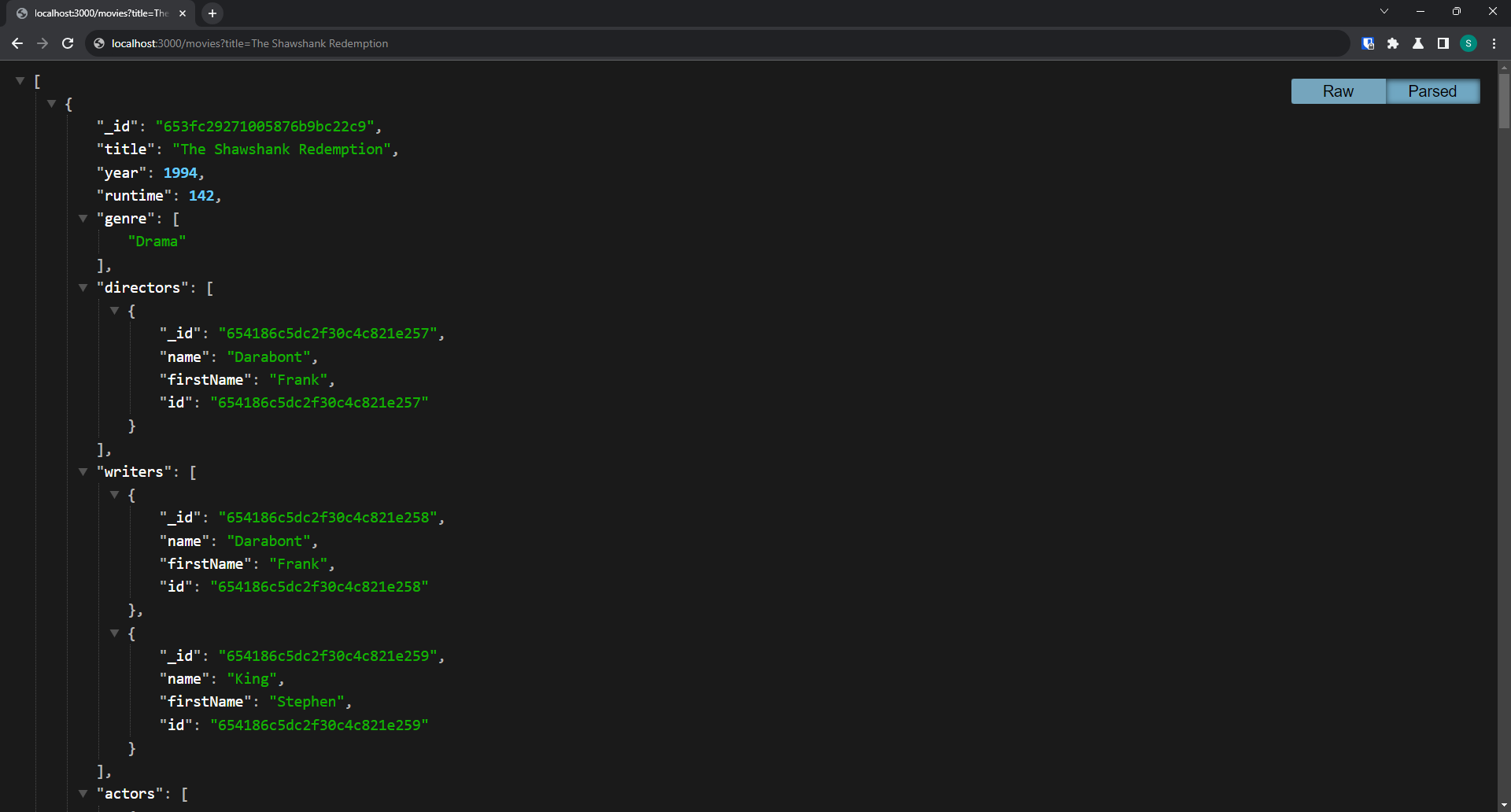 Resultaat van de GET /movies route met een title filter