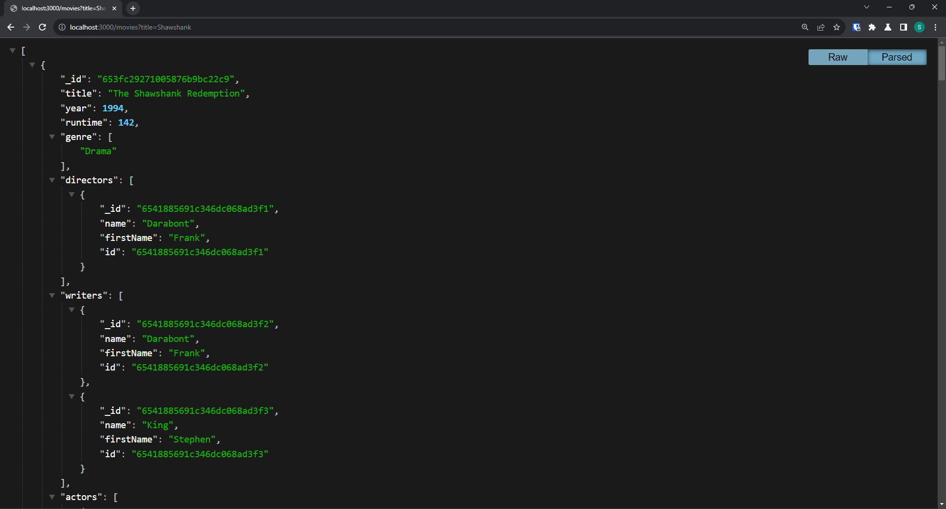 Resultaat van de GET /movies route met een title filter en reguliere expressie
