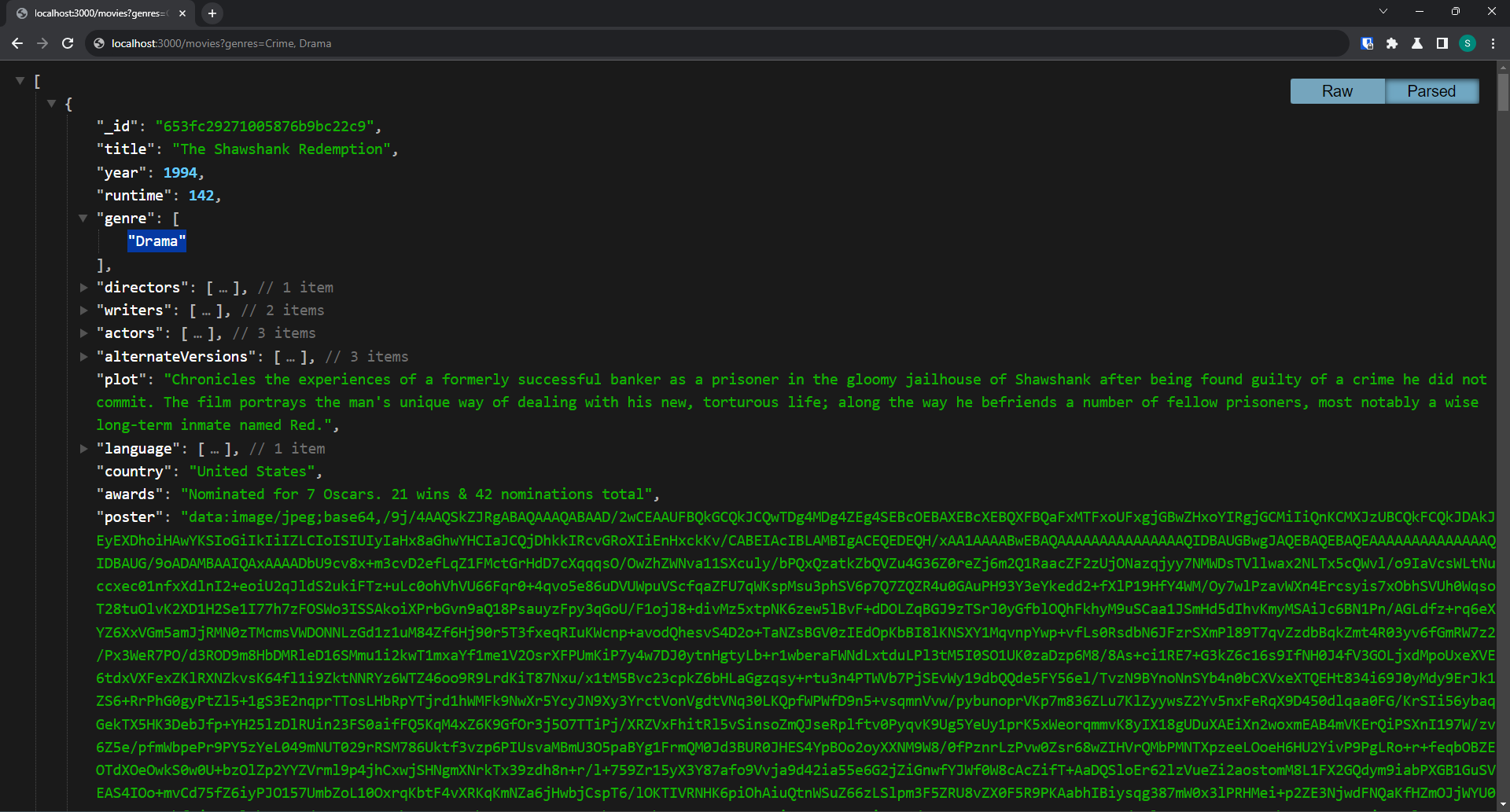 Resultaat van de GET /movies route met een genres filter
