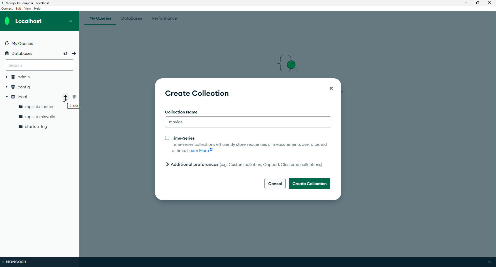 Collectie aanmaken in MongoDB Compass