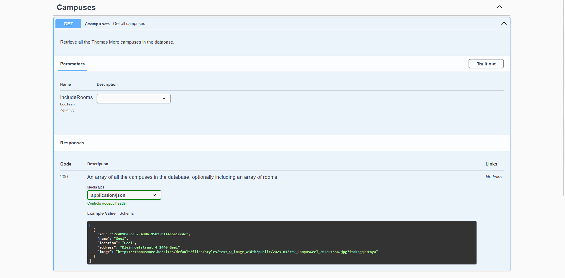 Swagger UI - Schema voor een (array van) Campus(sen)