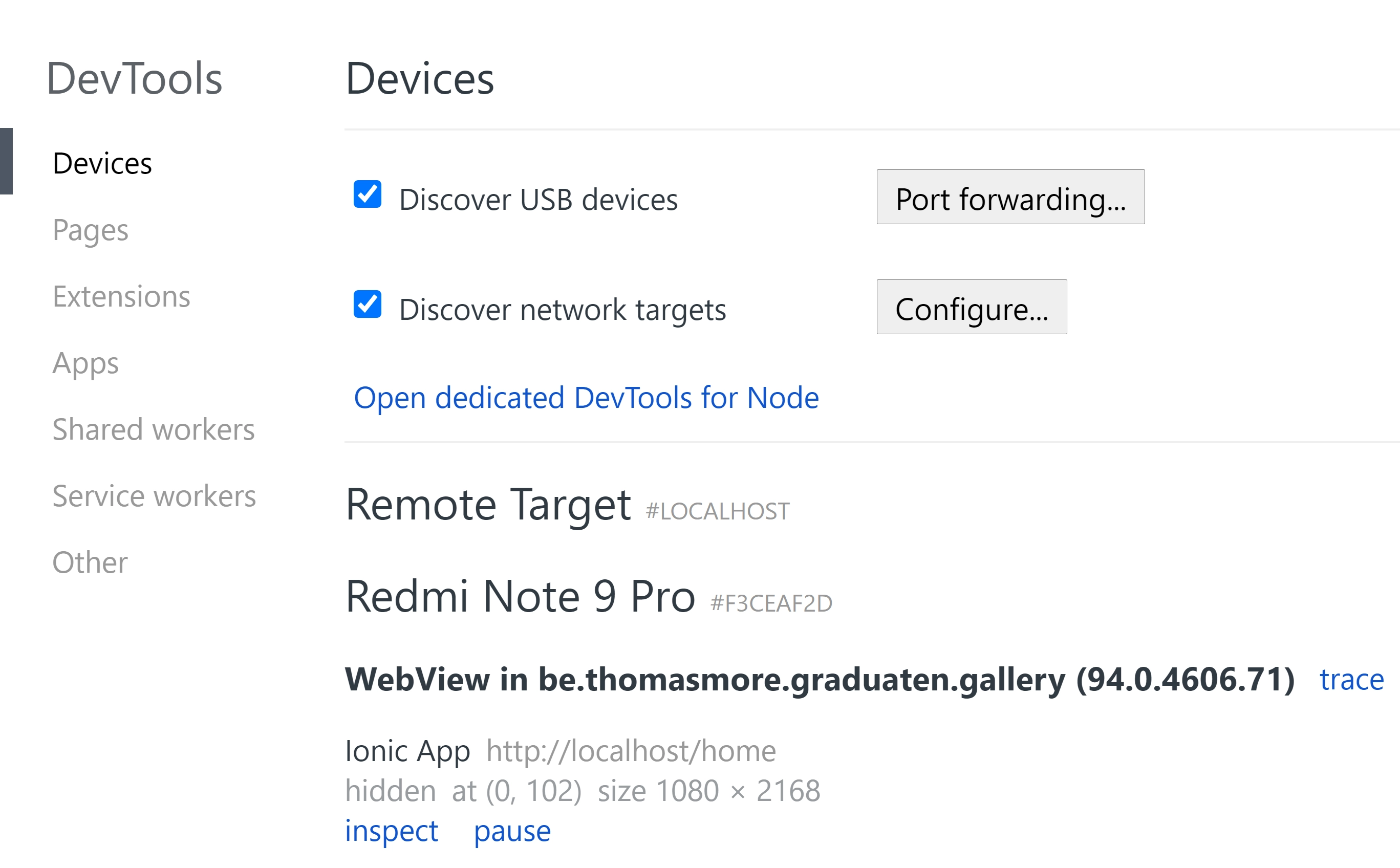 Google Chrome device inspect