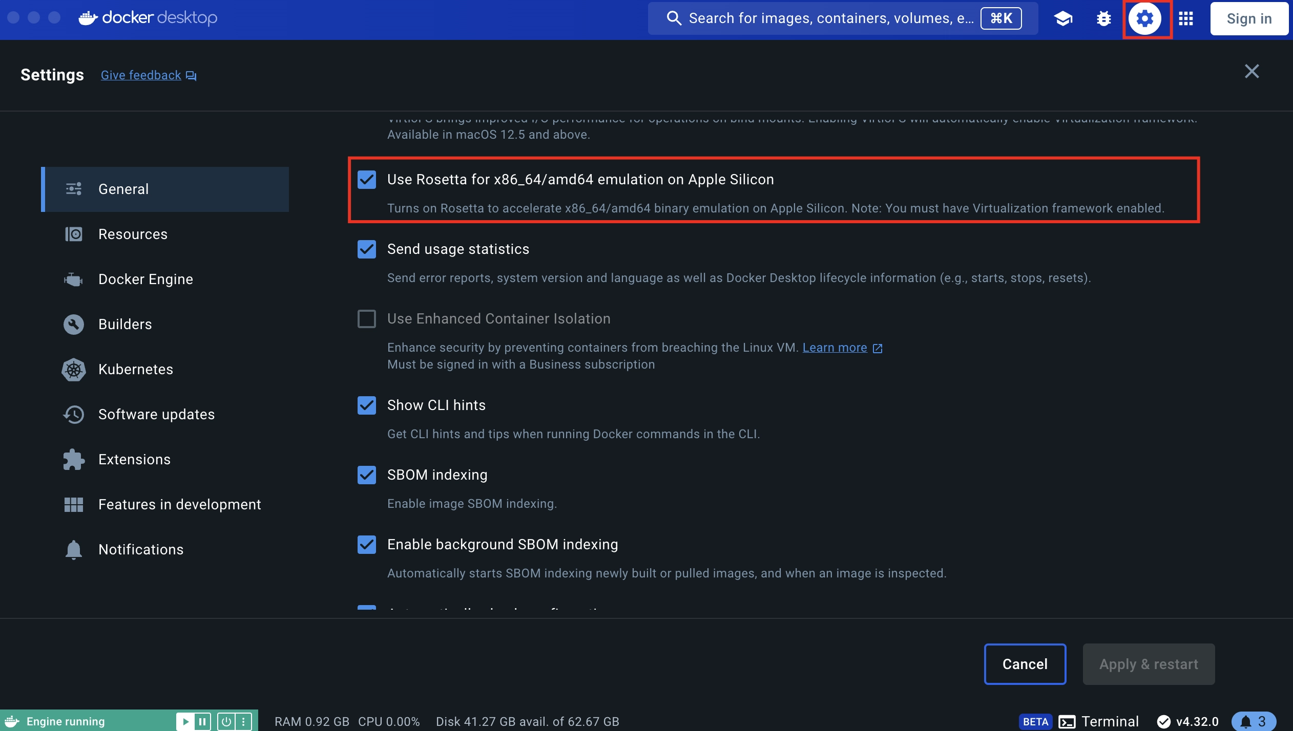 Rosetta settings in Docker desktop