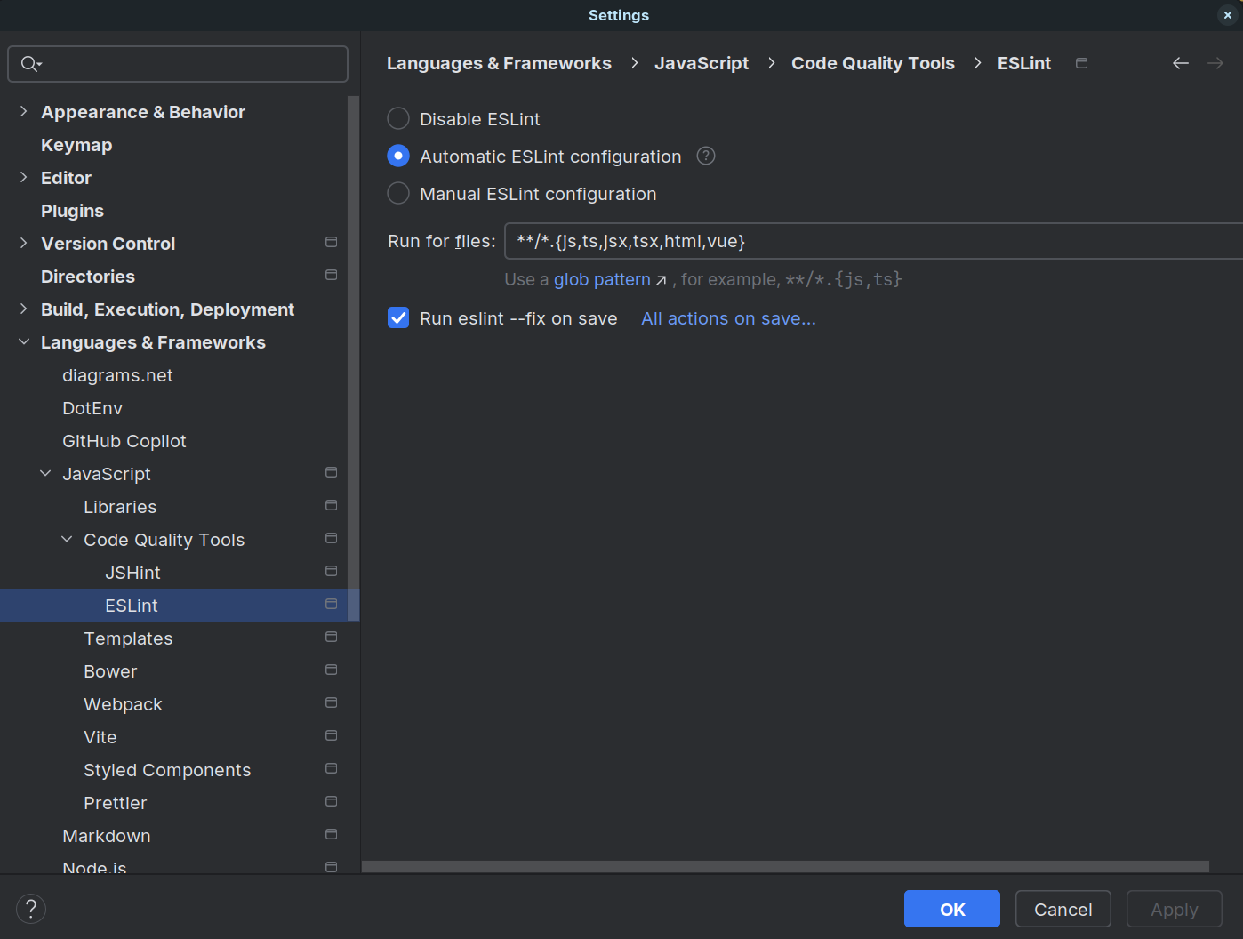 ESLint instellingen in WebStorm