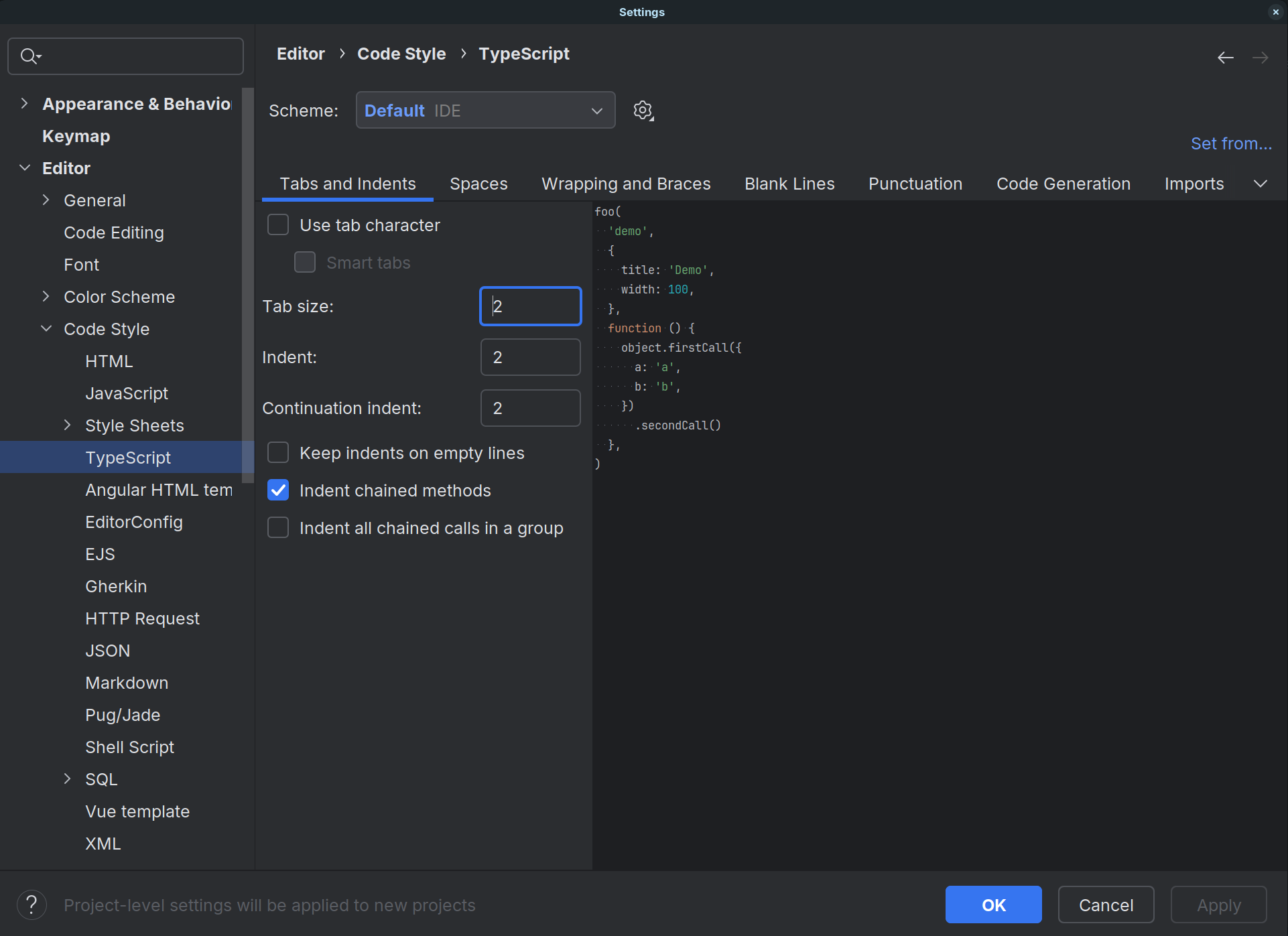 Code style instellingen in WebStorm (Tabs and Indents)