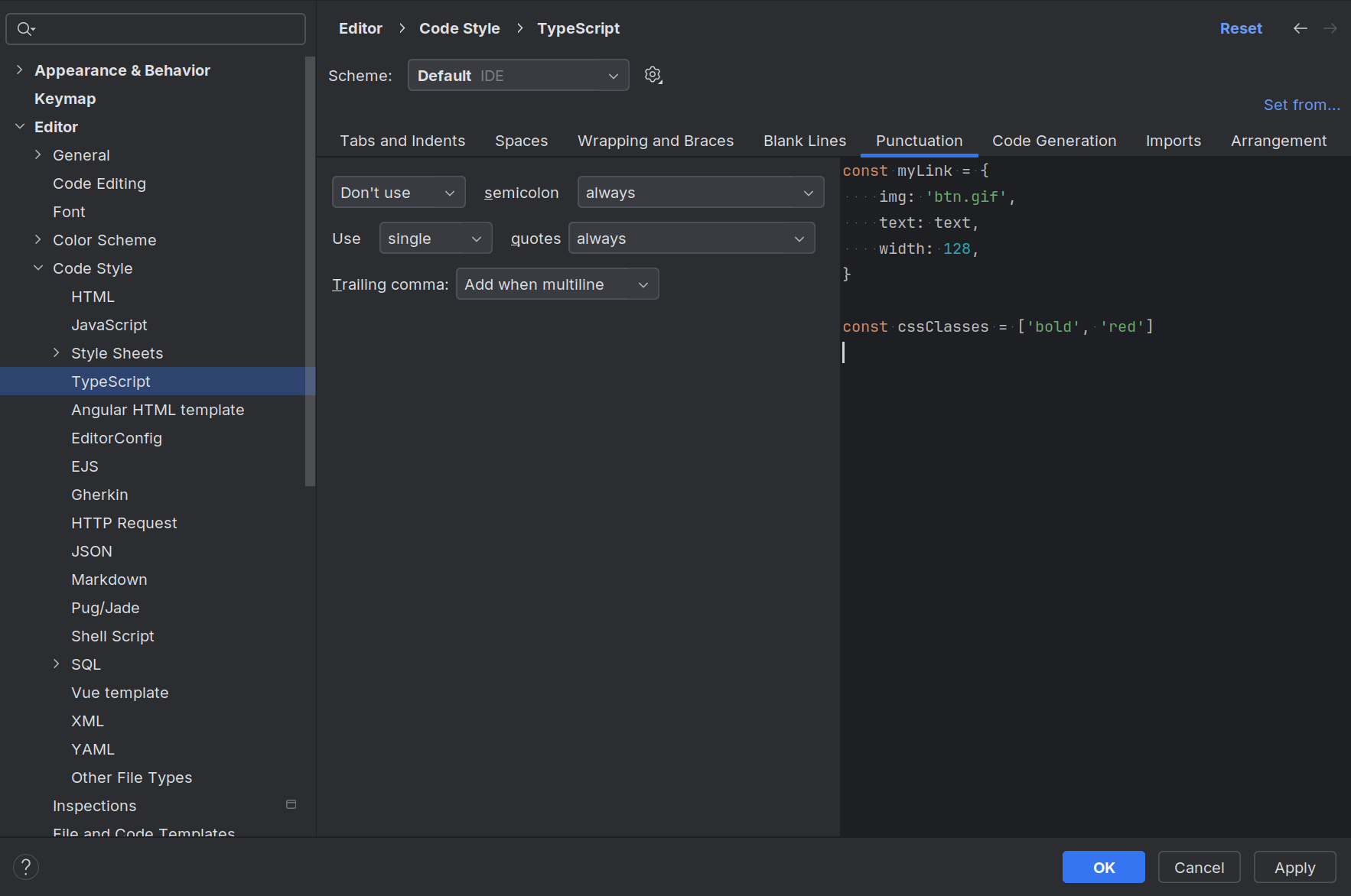 Code style instellingen in WebStorm (Punctuation)