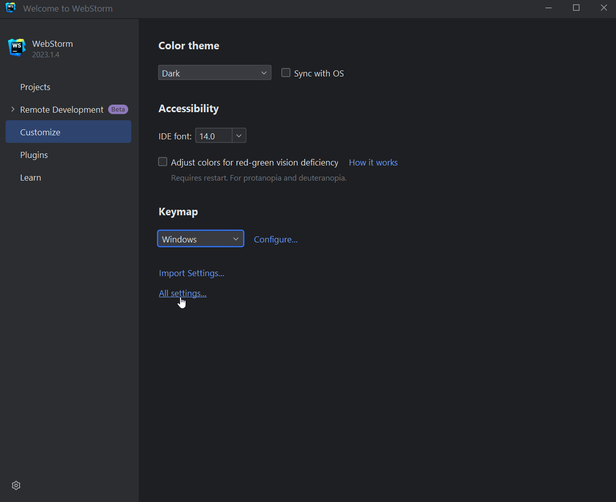 Globale instellingen openen in WebStorm